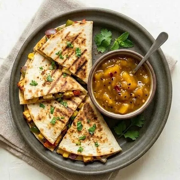 Paneer & vegetable quesadilla with mango chutney